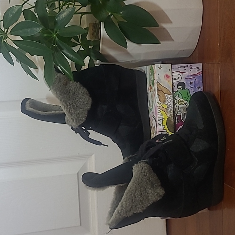 Ash Black Shearling Wedge Boots